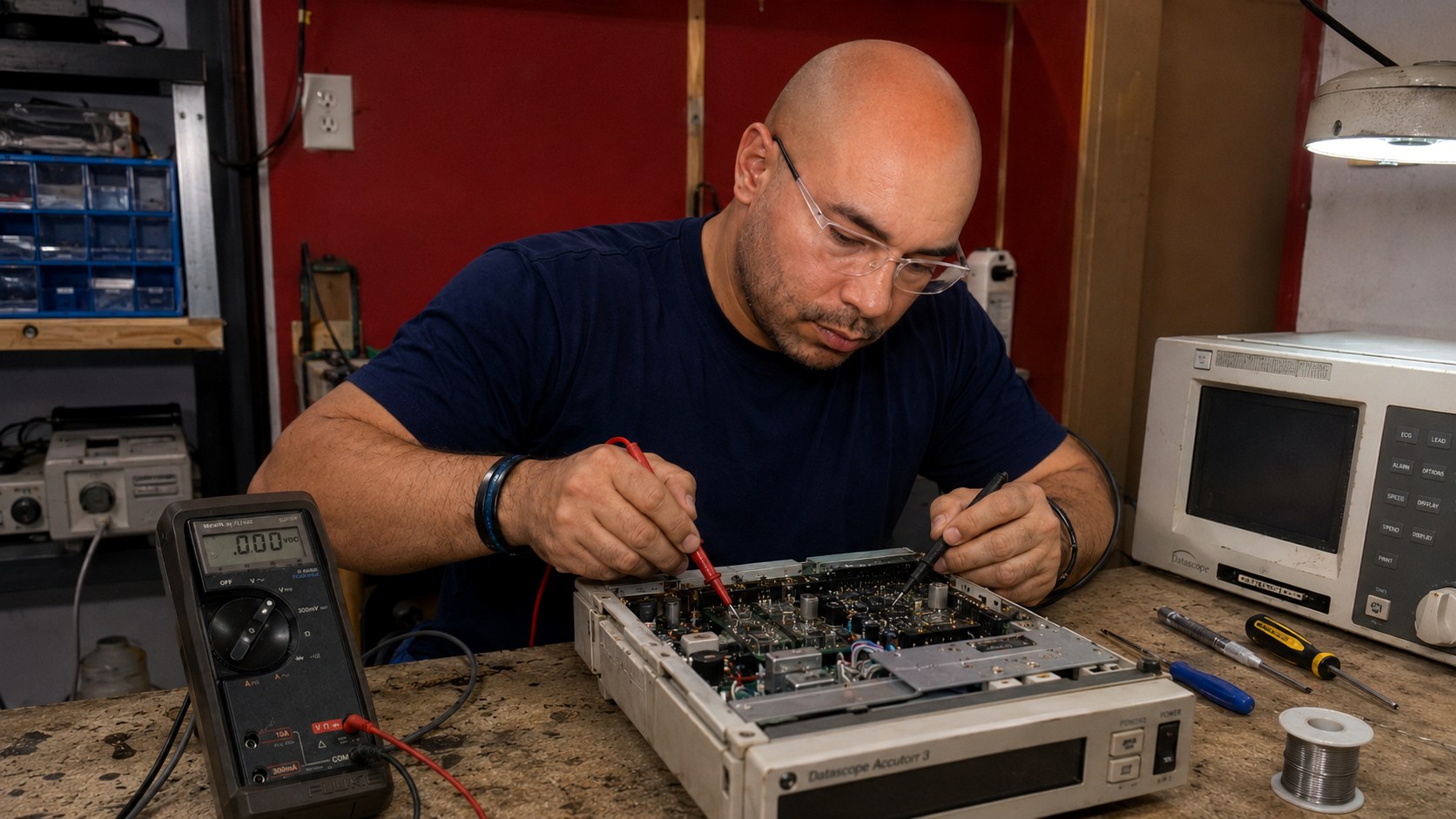 Equipo de electromedicina en revisión técnica de laboratorio